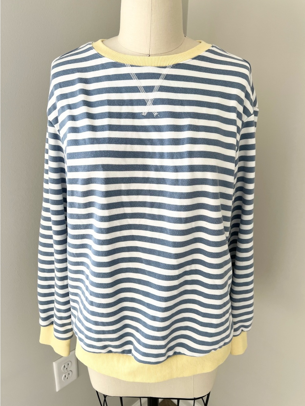 Trendy Queen Striped Crewneck Sweater in Blue and White with Yellow Trim